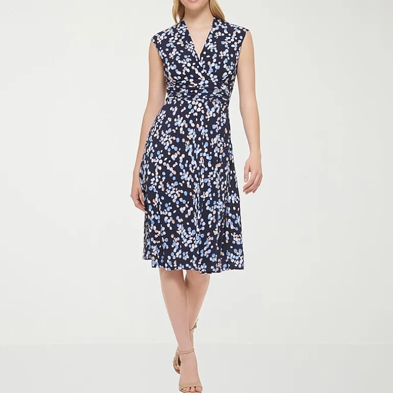 Jessica Howard Womens Petite Midi V Neck Sleeveless Floral Fit + Flare Dress