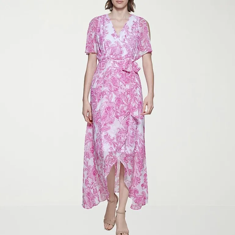 Jessica Howard Womens Petite V Neck Short Sleeve Flutter Maxi Dress