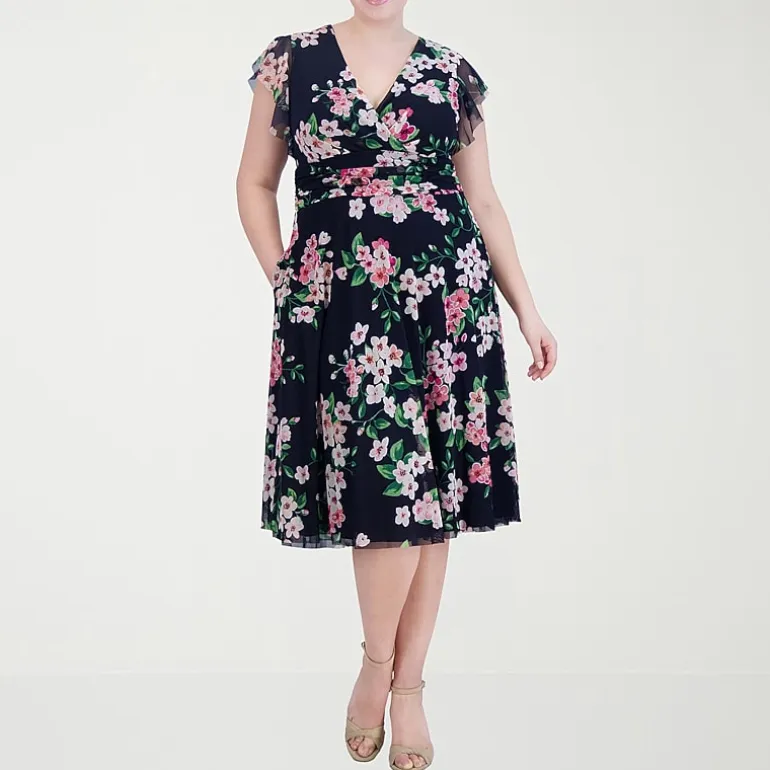 Jessica Howard Womens Plus Midi V Neck Short Sleeve Flutter Floral Fit + Flare Dress