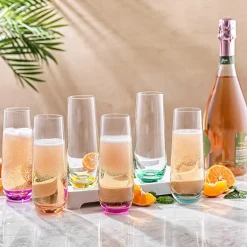 Joyjolt Hue Colored Stemless Glass - 9.4 Oz - Set Of 6 Champagne Flutes