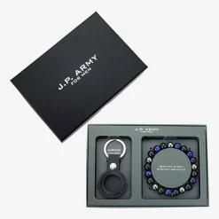 J.P. Army Beaded Bracelet & Air Tag Keychain Mens Genuine Black Agate Stainless Steel 2-pc. Jewelry Set