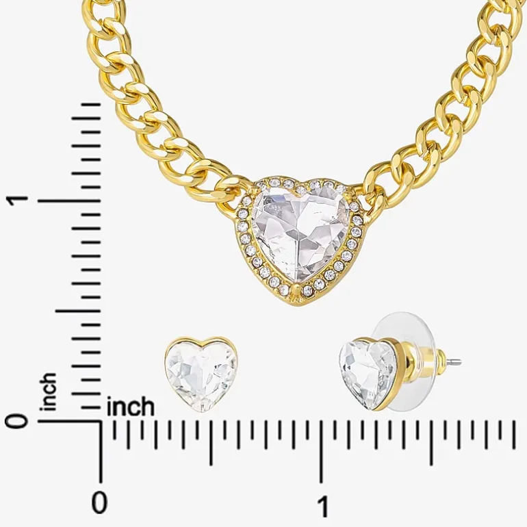 JS Jessica Simpson Gold Tone Collar Necklace & Stud Earring Womens Glass Heart 3-pc. Jewelry Set