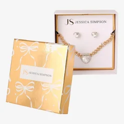 JS Jessica Simpson Gold Tone Collar Necklace & Stud Earring Womens Glass Heart 3-pc. Jewelry Set