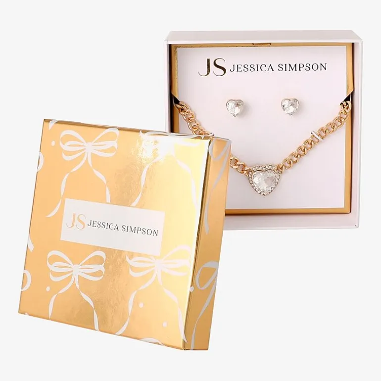 JS Jessica Simpson Gold Tone Collar Necklace & Stud Earring Womens Glass Heart 3-pc. Jewelry Set