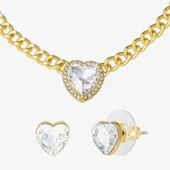 JS Jessica Simpson Gold Tone Collar Necklace & Stud Earring Womens Glass Heart 3-pc. Jewelry Set