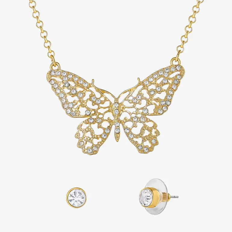 JS Jessica Simpson Gold Tone Pendant Necklace & Stud Earring Womens Crystal Butterfly 3-pc. Jewelry Set