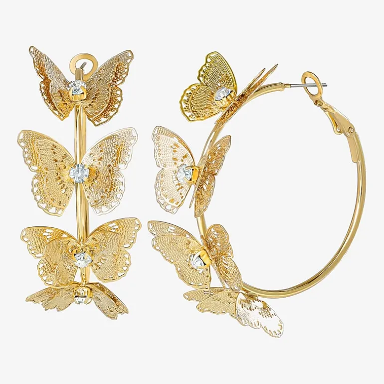 JS Jessica Simpson Gold Tone Womens Glass 48mm Butterfly Hoop Earrings