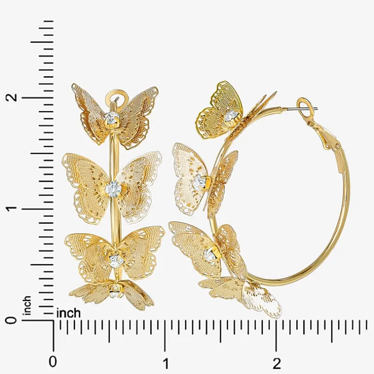 JS Jessica Simpson Gold Tone Womens Glass 48mm Butterfly Hoop Earrings