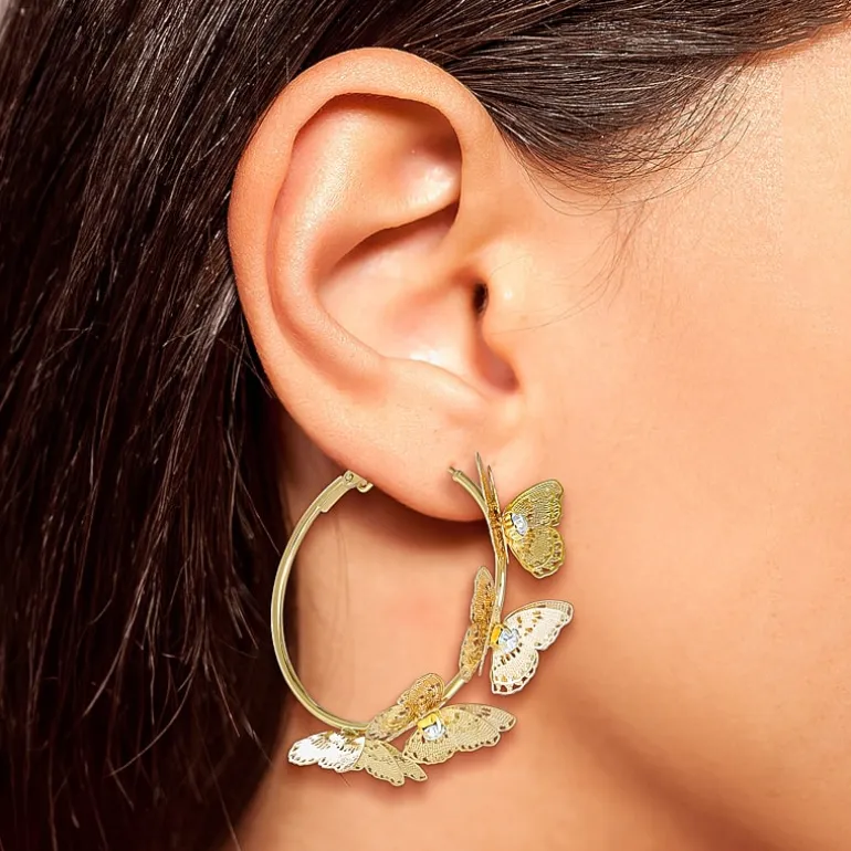JS Jessica Simpson Gold Tone Womens Glass 48mm Butterfly Hoop Earrings