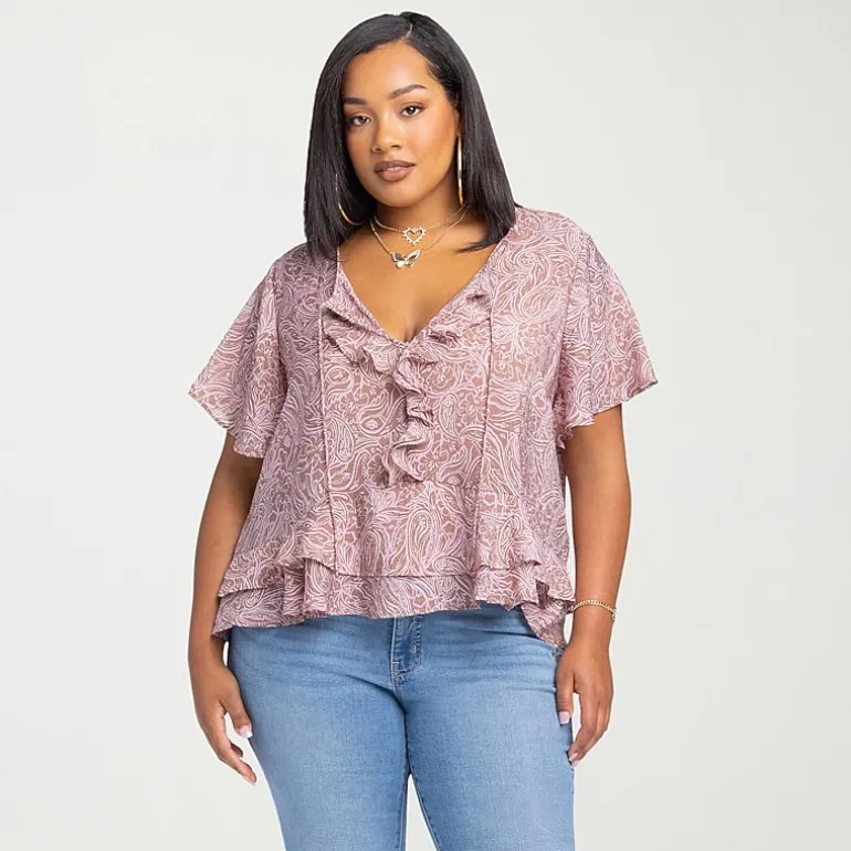 JS Jessica Simpson Womens Plus Split Tie Neck Short Sleeve Blouse