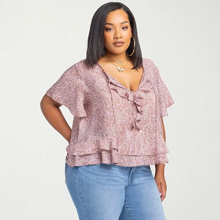 JS Jessica Simpson Womens Plus Split Tie Neck Short Sleeve Blouse