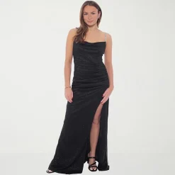 Jump Apparel Womens Juniors Draped Neck Sleeveless Glitter Bodycon Dress
