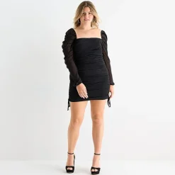 Jump Apparel Womens Juniors Plus Straight Neck Long Sleeve Off the Shoulder Glitter Bodycon Dress