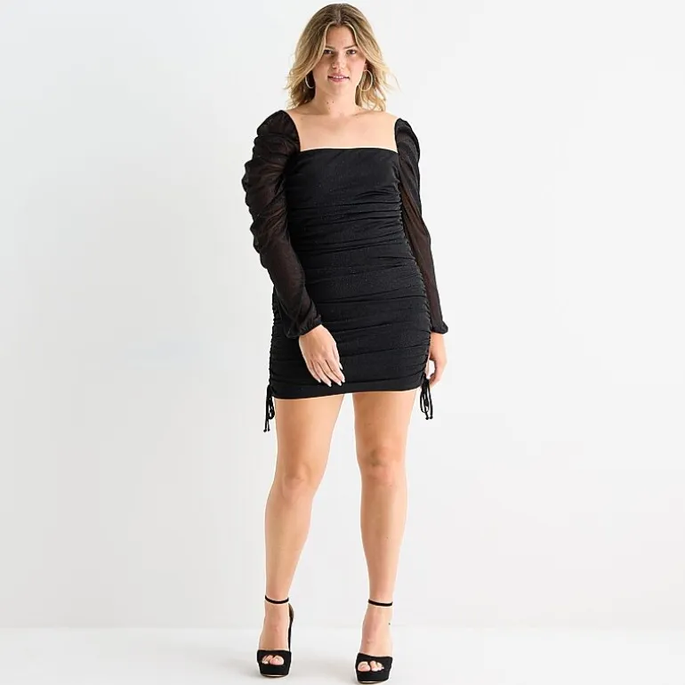 Jump Apparel Womens Juniors Plus Straight Neck Long Sleeve Off the Shoulder Glitter Bodycon Dress