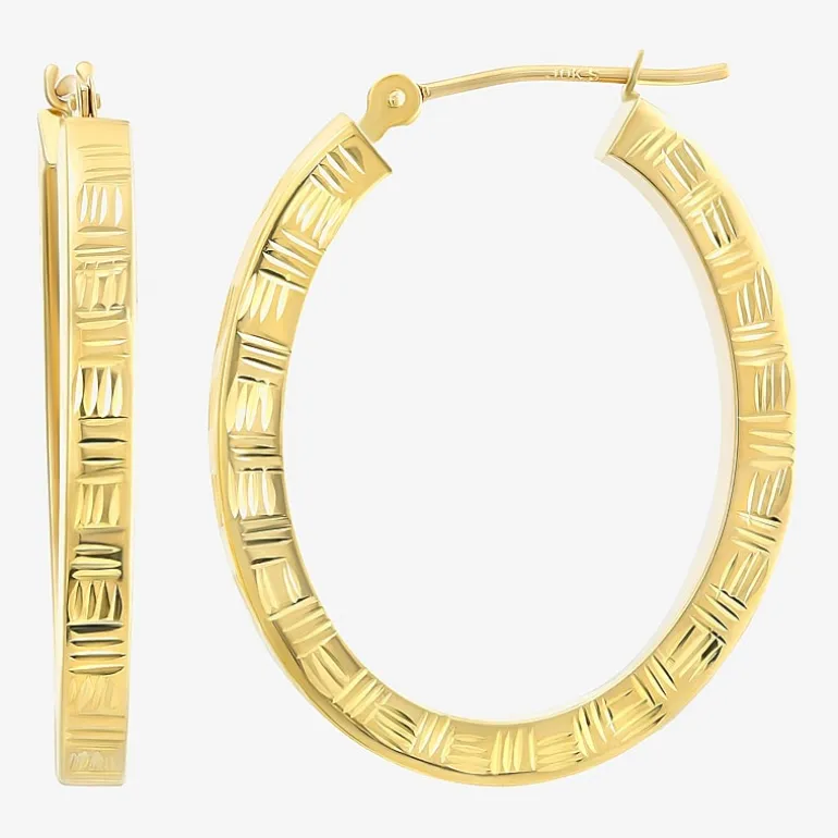 14K Yellow Gold Diamond-Cut Oval Hoop Earrings