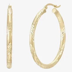 14K Yellow Gold Engraved Chevron Hoop Earrings