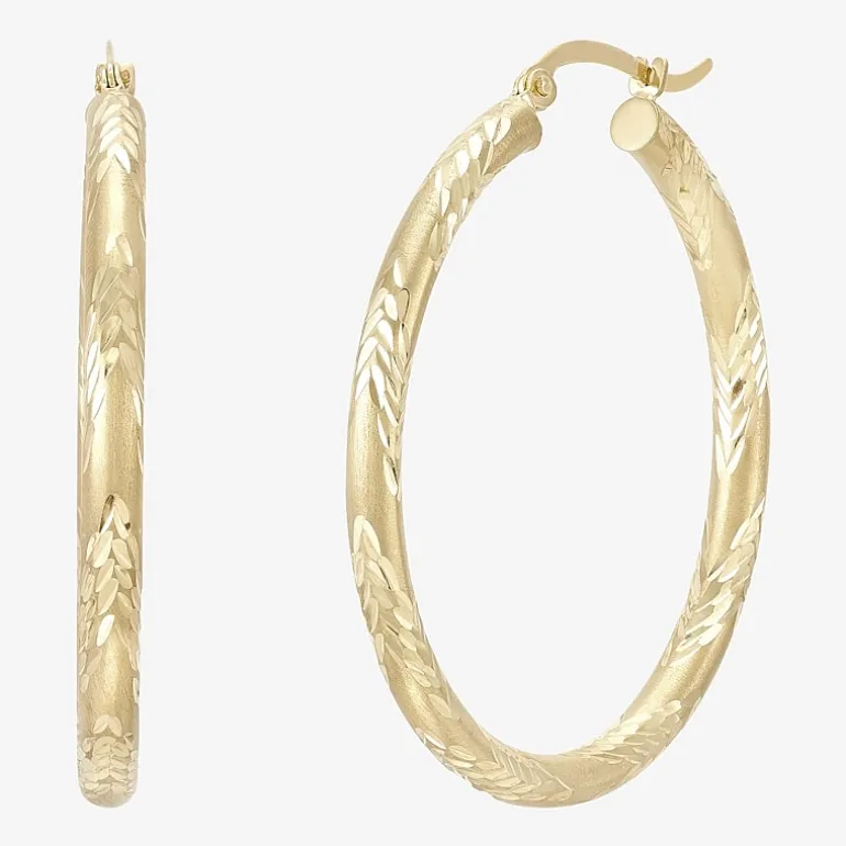 14K Yellow Gold Engraved Chevron Hoop Earrings