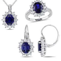 Lab-Created Blue Sapphire and Diamond Sterling Silver Earring, Ring, and Pendant Necklace 3-Piece Set