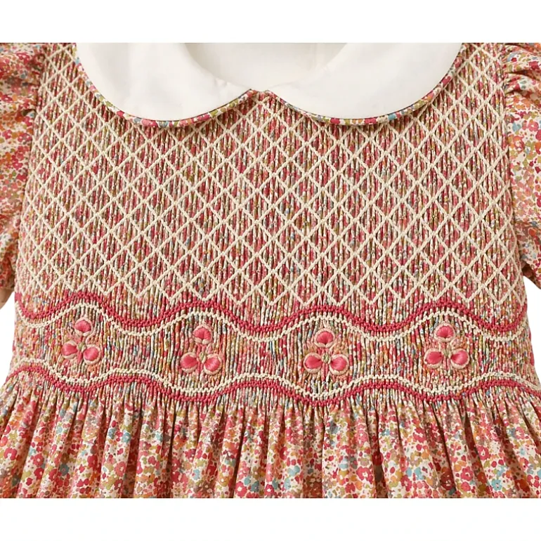 Laurenza's Baby Girls Pink Floral Smocked Dress with Embroidery