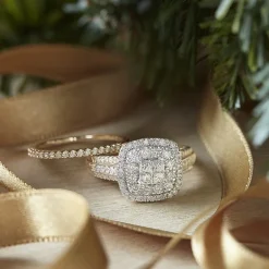 Limited Edition! Womens 1 CT.T.W. Natural Diamond 10K or 14K Gold Cushion Halo Bridal Set