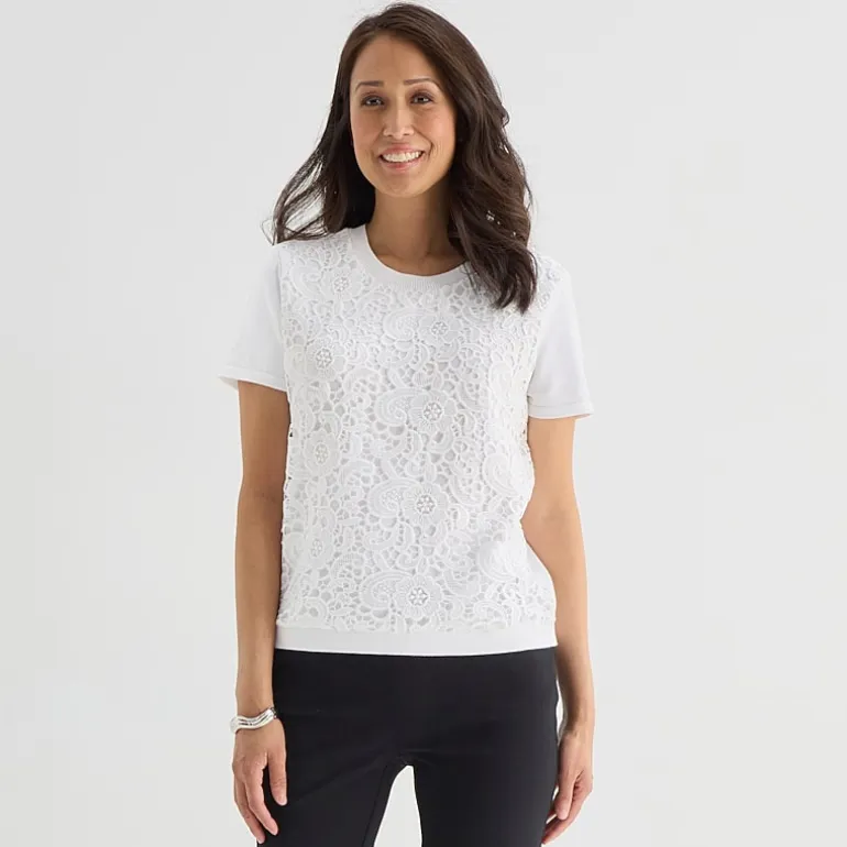 Liz Claiborne Lace Womens Crew Neck Short Sleeve Pullover Sweater