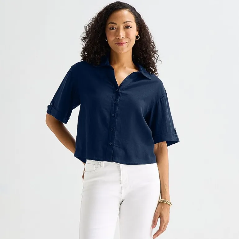 Liz Claiborne Linen Womens Short Sleeve Blouse