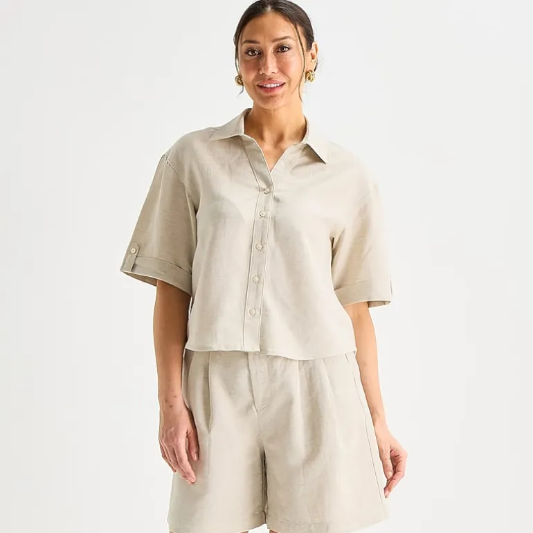 Liz Claiborne Linen Womens Short Sleeve Blouse