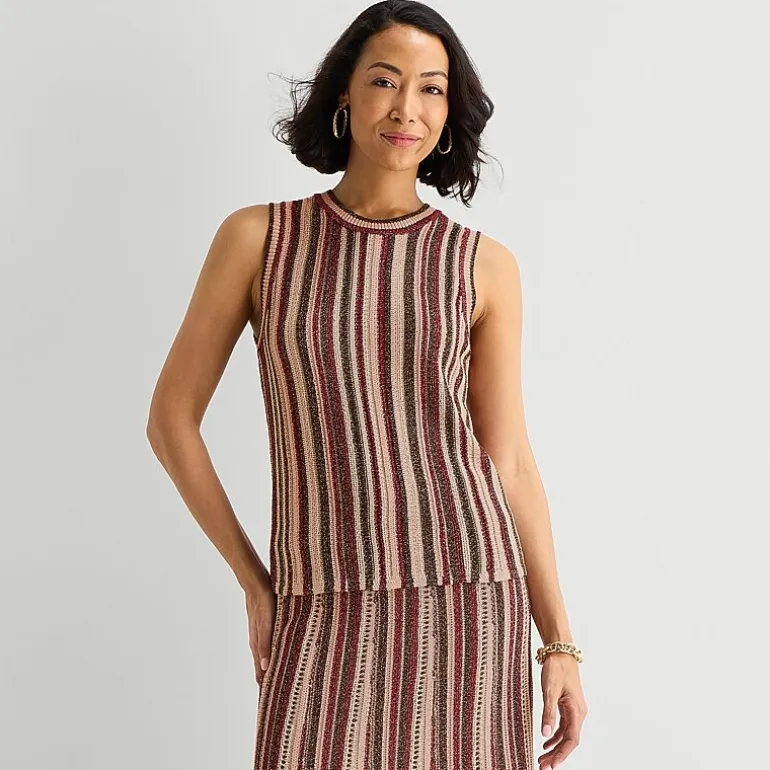 Liz Claiborne Lurex Metallic Womens Crew Neck Sleeveless Striped Pullover Sweater