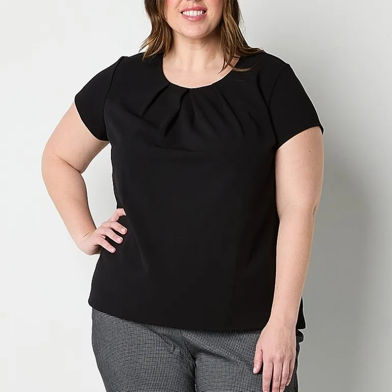 Liz Claiborne Texture Womens Plus Round Neck Short Sleeve Blouse
