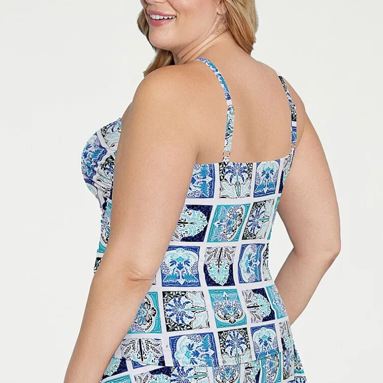 Liz Claiborne Womens Comfort Straps Shirred Patchwork Plus Tankini Swimsuit Top