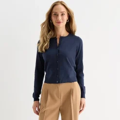 Liz Claiborne Womens Crew Neck Long Sleeve Button Cardigan
