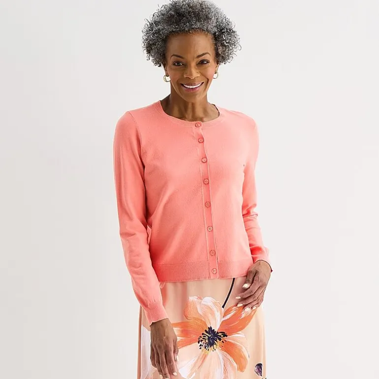 Liz Claiborne Womens Crew Neck Long Sleeve Button Cardigan