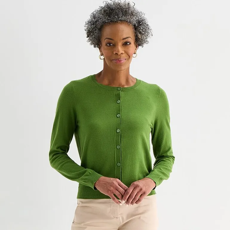 Liz Claiborne Womens Crew Neck Long Sleeve Button Cardigan