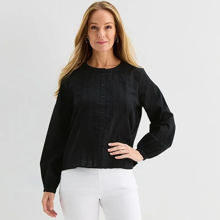Liz Claiborne Womens Crew Neck Bishop Long Sleeve Regular Fit Button-Down Shirt