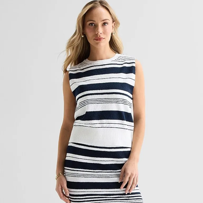 Liz Claiborne Womens Crew Neck Sleeveless Striped Pullover Sweater