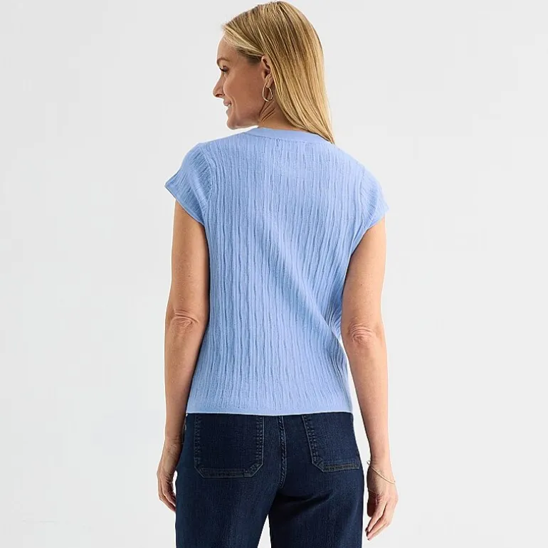 Liz Claiborne Womens Crew Neck Short Sleeve Embroidered Blouse