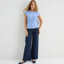 Liz Claiborne Womens Crew Neck Short Sleeve Button Cardigan