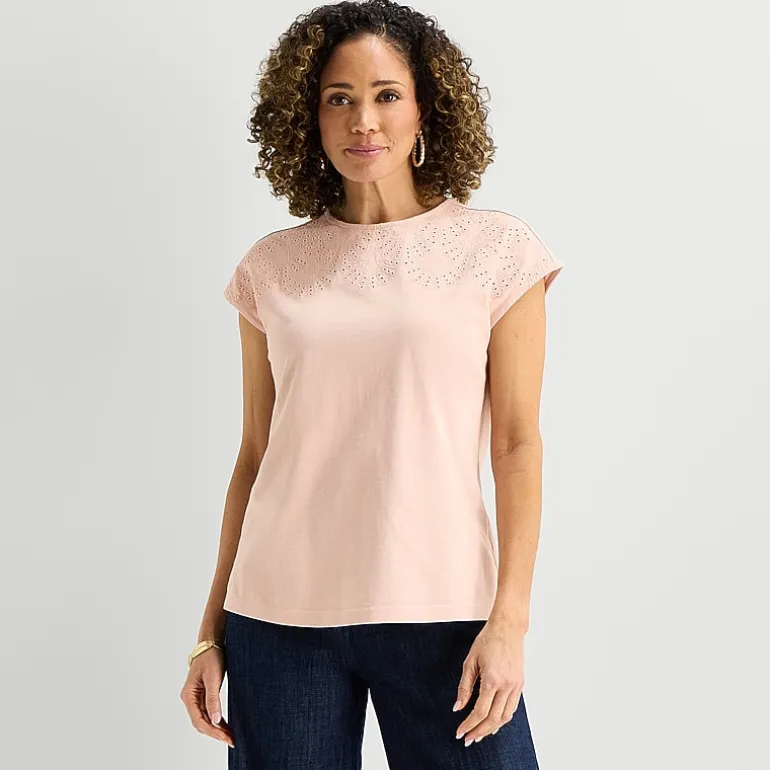 Liz Claiborne Womens Crew Neck Short Sleeve Embroidered Blouse