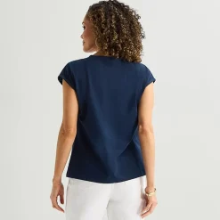 Liz Claiborne Womens Crew Neck Short Sleeve Embroidered Blouse