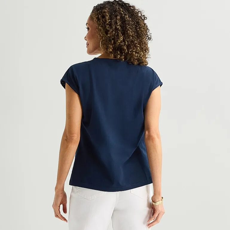 Liz Claiborne Womens Crew Neck Short Sleeve Embroidered Blouse