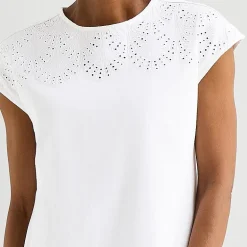 Liz Claiborne Womens Crew Neck Short Sleeve Embroidered Blouse