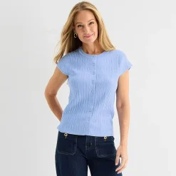 Liz Claiborne Womens Crew Neck Short Sleeve Embroidered Blouse