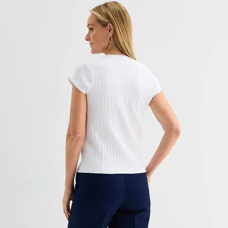Liz Claiborne Womens Crew Neck Short Sleeve Embroidered Blouse