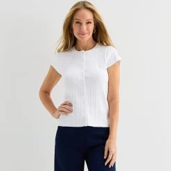 Liz Claiborne Womens Crew Neck Short Sleeve Embroidered Blouse