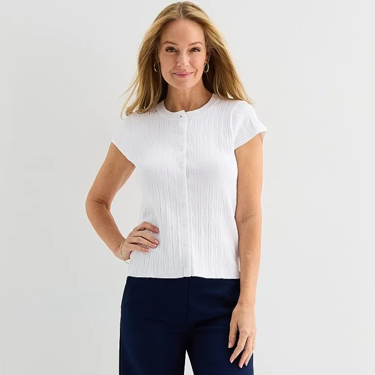 Liz Claiborne Womens Crew Neck Short Sleeve Embroidered Blouse