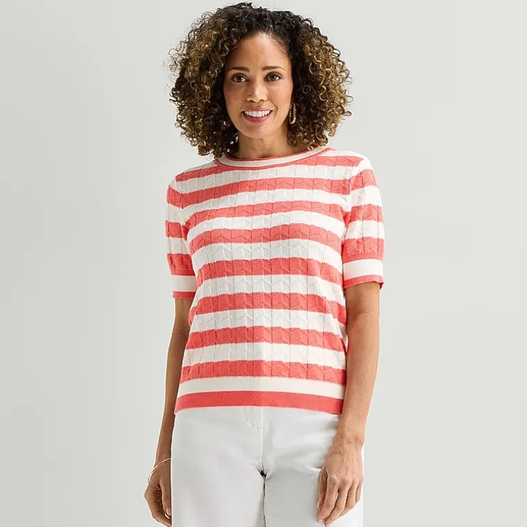 Liz Claiborne Womens Crew Neck Short Sleeve Striped Pullover Sweater