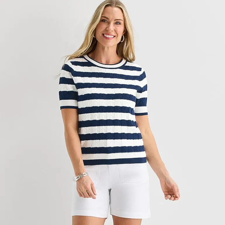 Liz Claiborne Womens Crew Neck Short Sleeve Striped Pullover Sweater