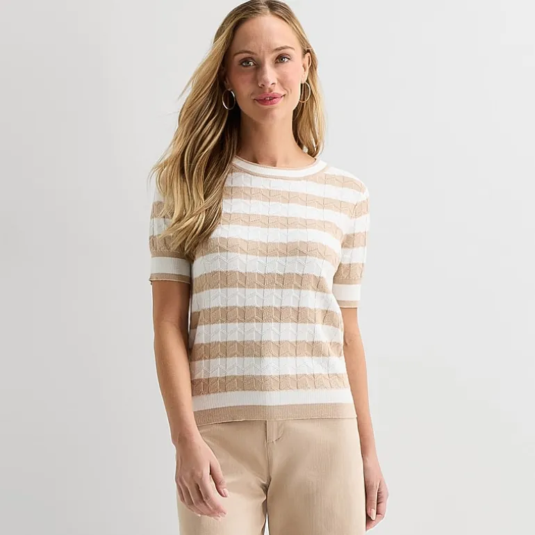 Liz Claiborne Womens Crew Neck Short Sleeve Striped Pullover Sweater