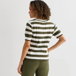 Liz Claiborne Womens Crew Neck Short Sleeve Striped Pullover Sweater