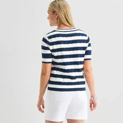 Liz Claiborne Womens Crew Neck Short Sleeve Striped Pullover Sweater